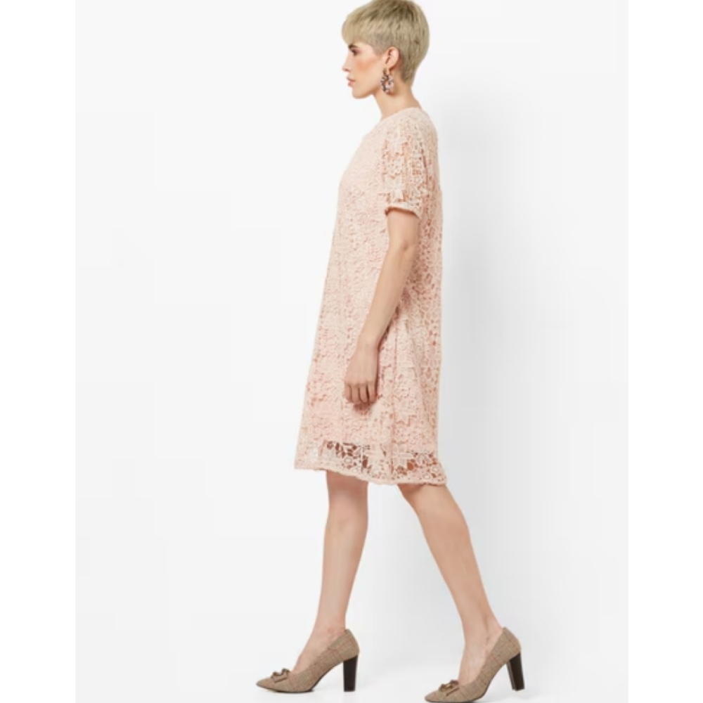 ZARA Woman Floral Crochet Lace Dress Split Nude Overlay ~ No Lining